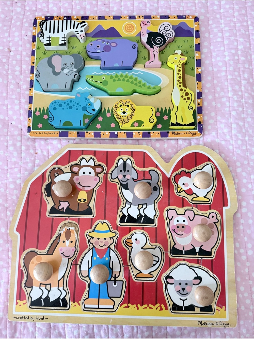 Melissa & Doug Wooden Animal Peg Puzzles - Yellow, Green, Blue, Purple, Pink